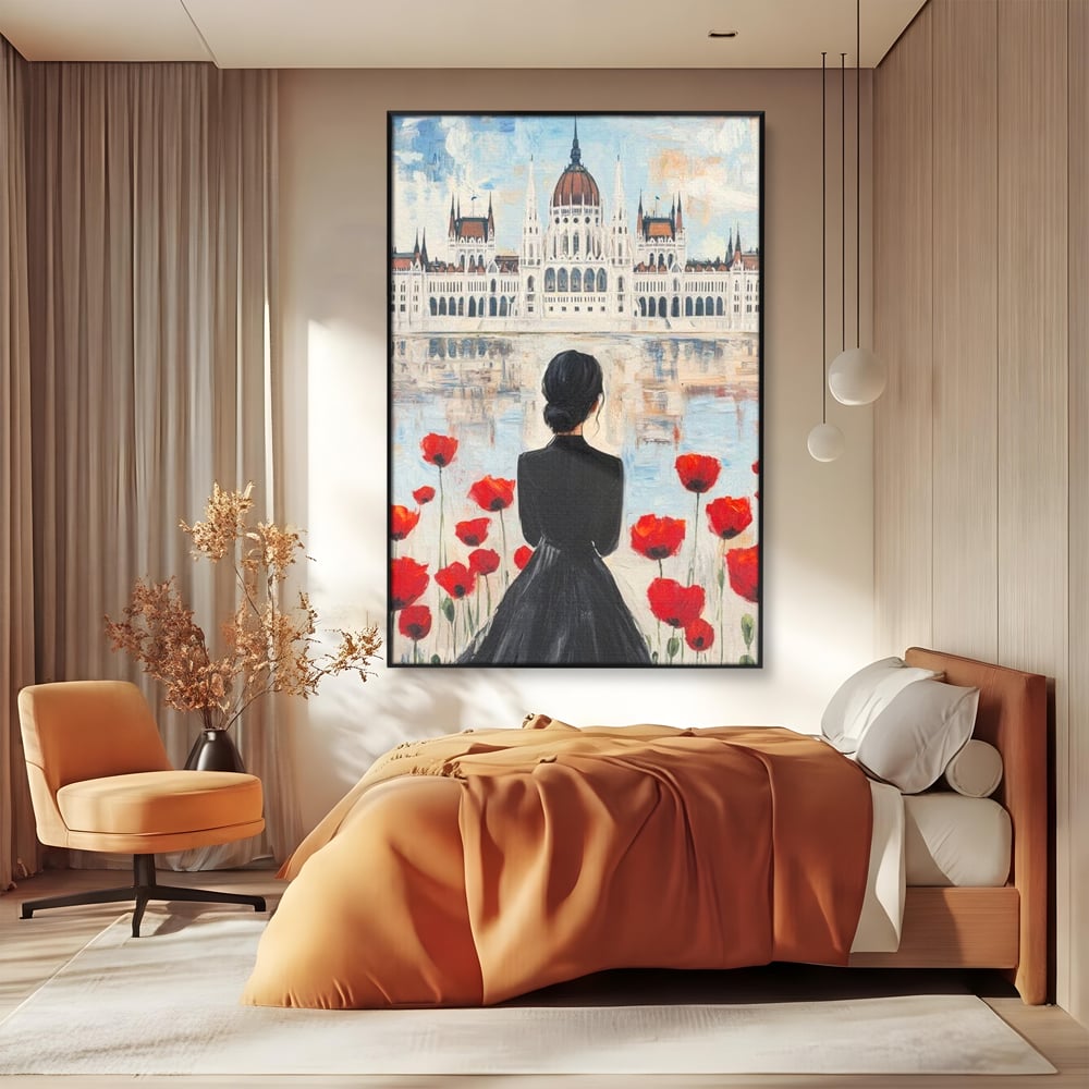 Tablou canvas cu tablou canvas cu femeie si maci, in rama de aluminiu negru, pe perete intr-un dormitor